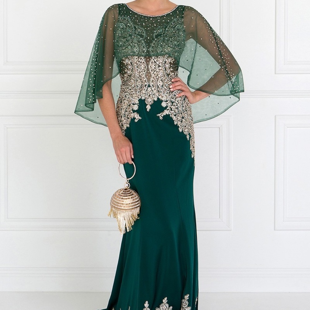 Gls Collective Deep Emerald Evening Gown With Gold Appliqu